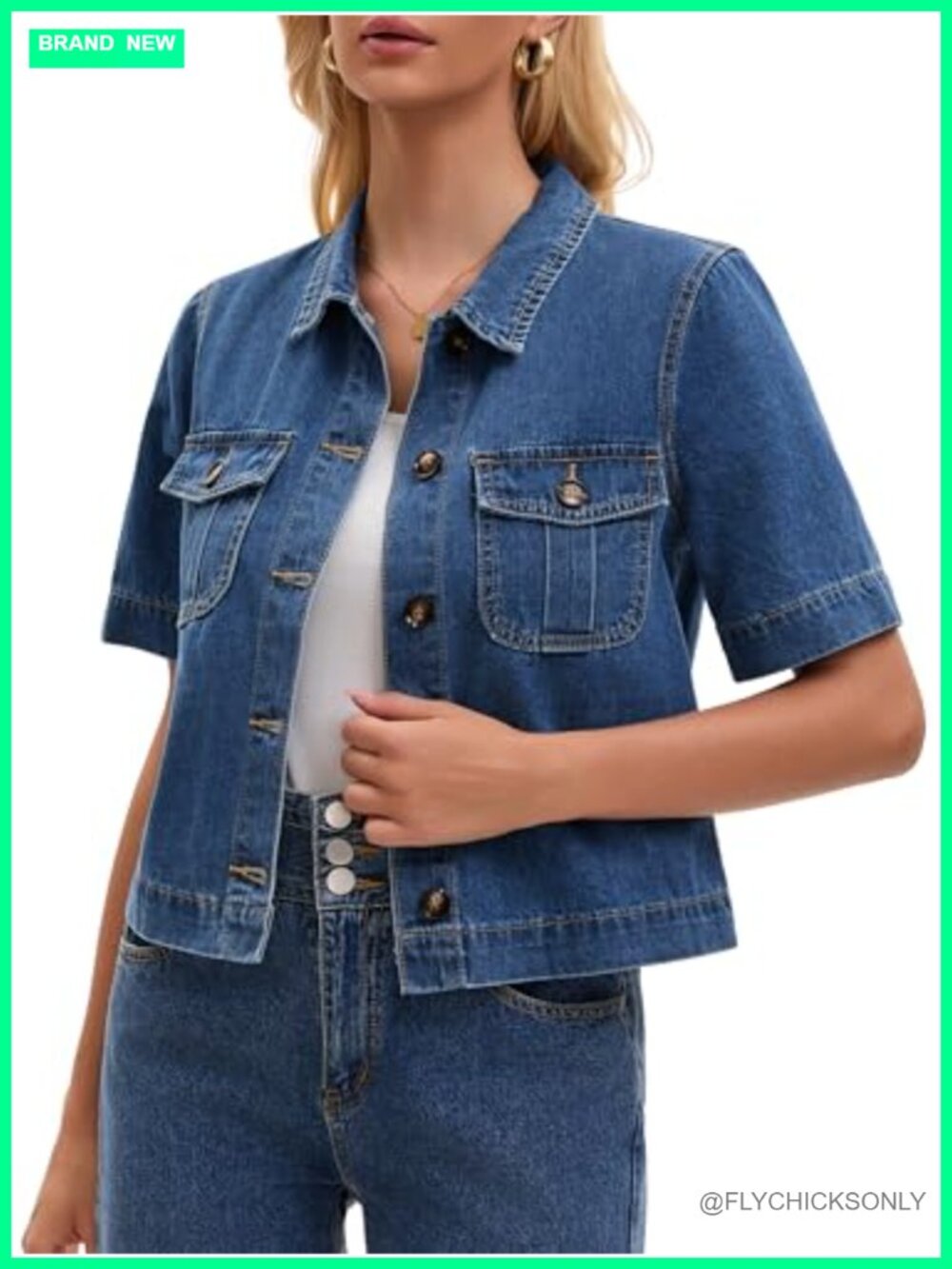 Short Sleeve Denim Jacket Cropped Button Down Casual